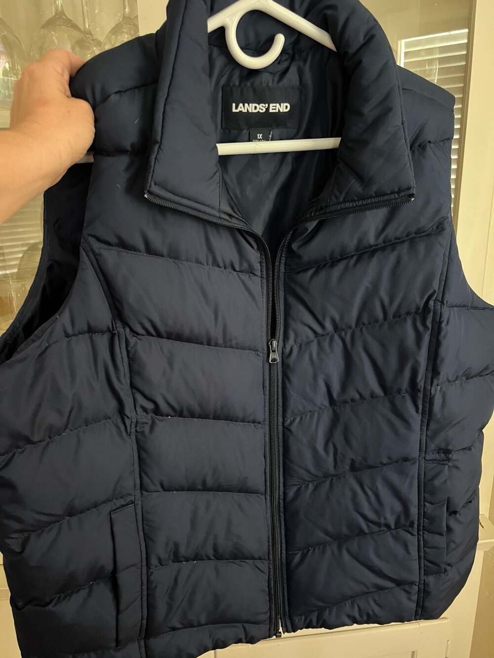 Women’s Lands' End Puffer Vest Size 1X Navy Blue Quilted Full Zip Stand Collar